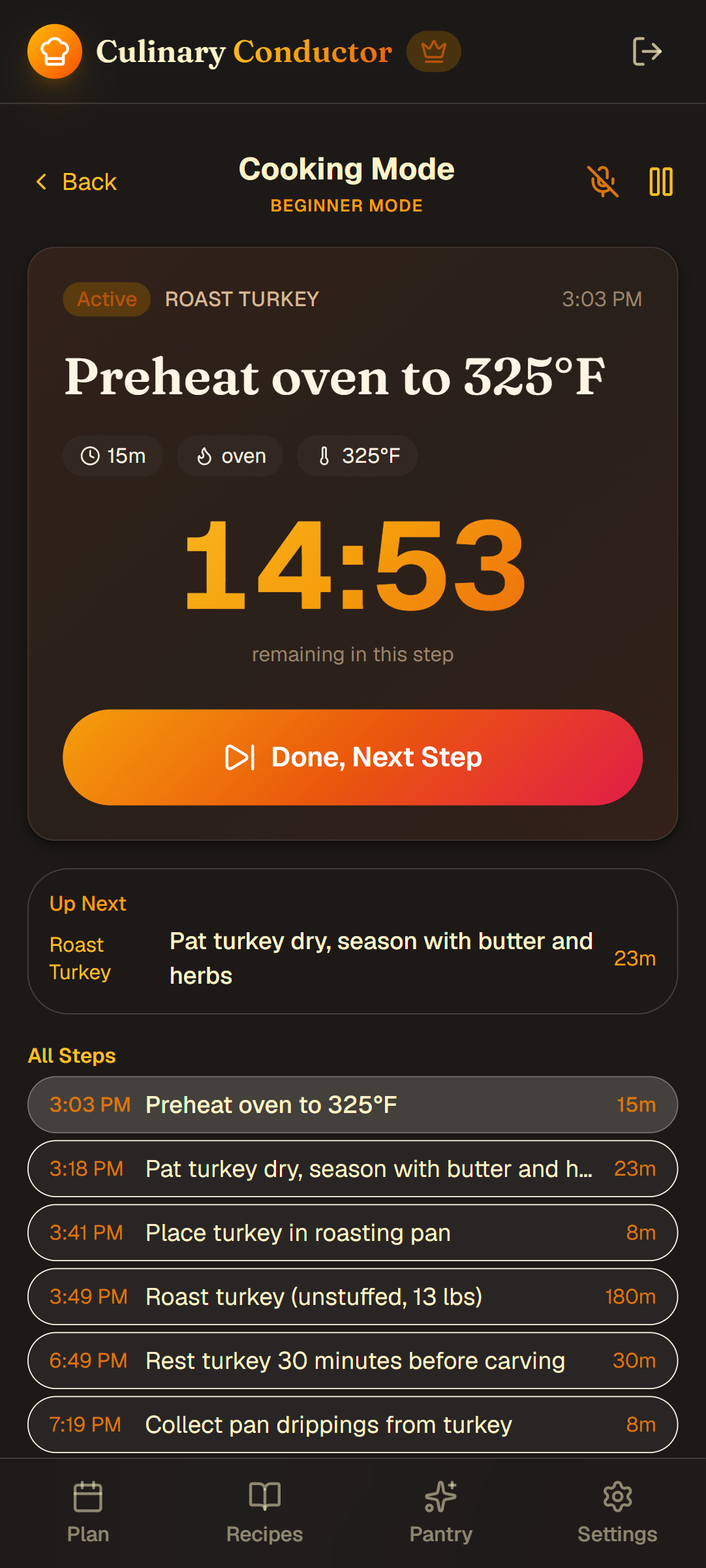 Culinary Conductor cooking mode showing 14:53 countdown timer for roast turkey