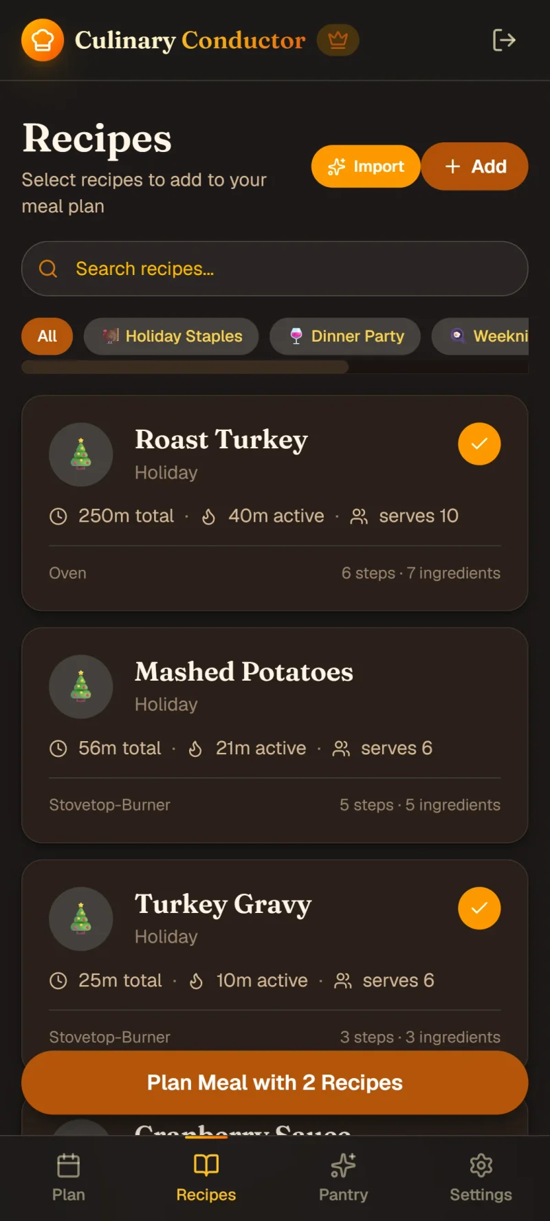 Recipe library with multiple dishes selected