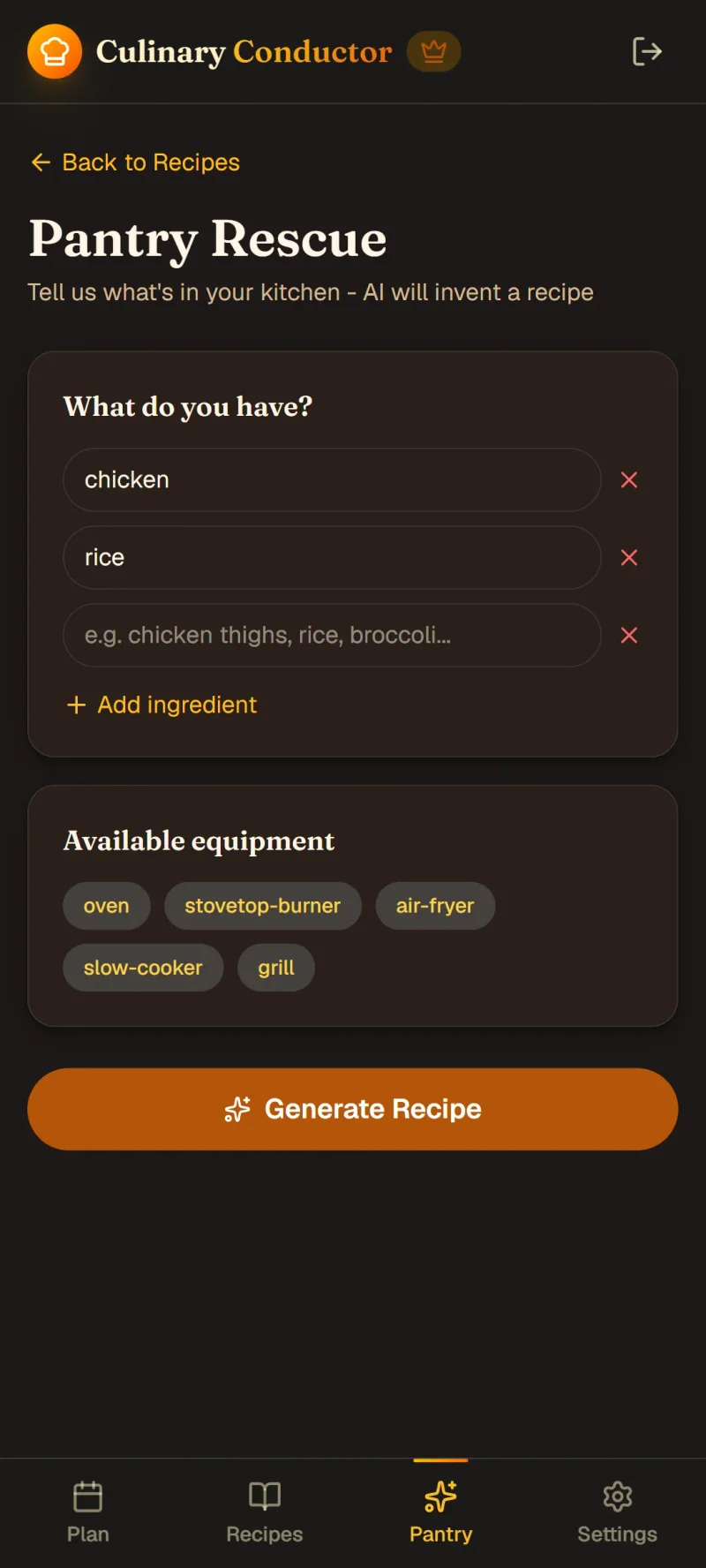 Pantry Rescue input screen with ingredient and equipment chips